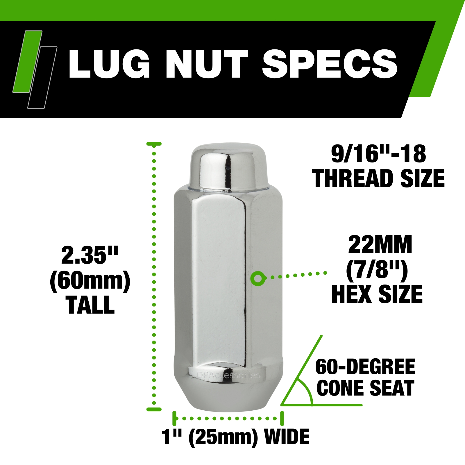 Chrome 9/16-18 Lug Nuts Closed End XXL Bulge; 22mm Hex; 2.35