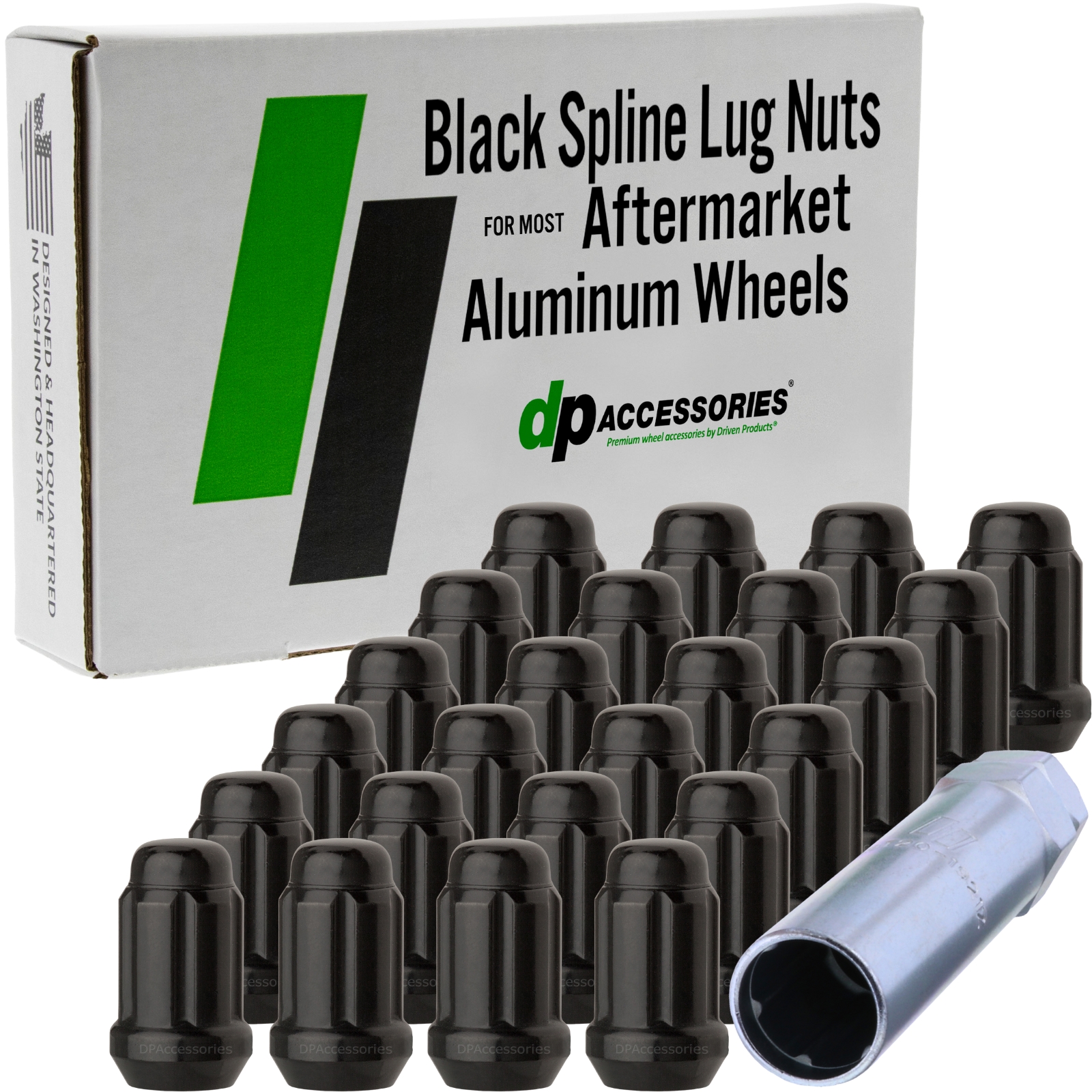 Spline Drive Lug Nuts – M12x1.25, Closed End, Conical Seat – Set Of 16 (Black, Heat-Treated Steel)