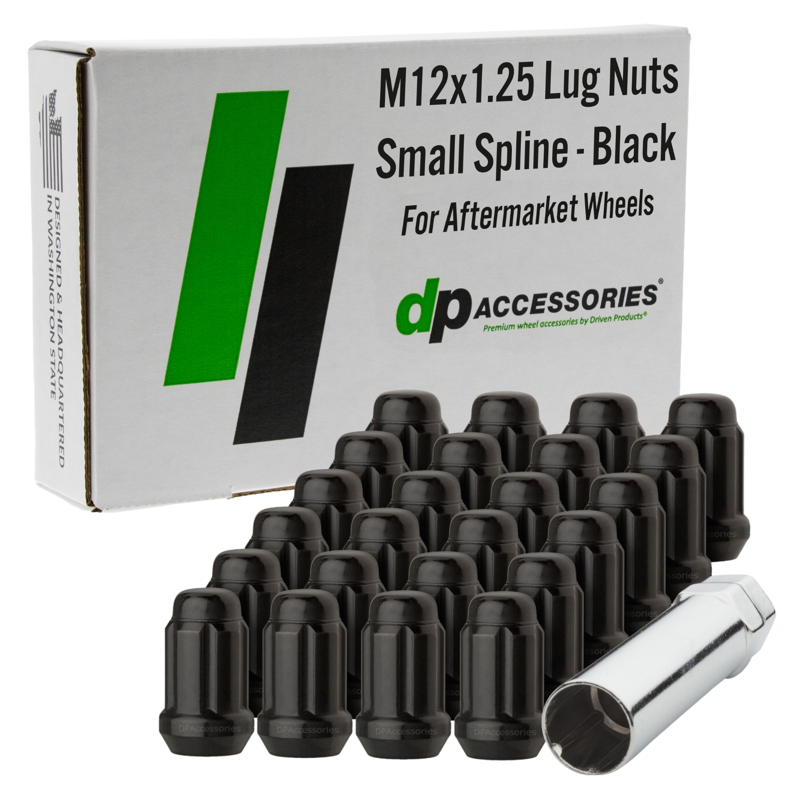 DPAccessories Black M12x1.25 Closed End Spline Lug Nuts - Set Of 16 For Aftermarket Wheels