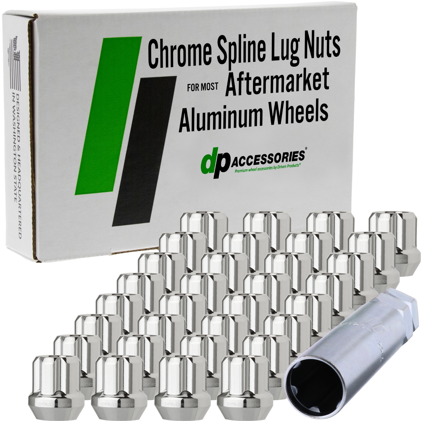 Chrome 9/16-18 Open End Spline Lug Nuts – Set Of 20 For Aftermarket Wheels